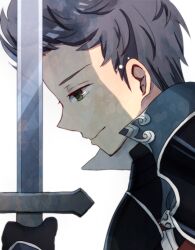 Rule 34 | 1boy, armor, closed mouth, commentary request, fire emblem, fire emblem fates, green eyes, grey hair, hair slicked back, holding, holding sword, holding weapon, kanasiinezimakineko, looking down, nintendo, partial commentary, pensive, quiff, silas (fire emblem), solo, sword, weapon