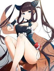 Rule 34 | 1girl, absurdres, arm warmers, artist name, bare shoulders, black footwear, blue dress, blue eyes, blunt bangs, blush, breasts, brown hair, cleavage, cleavage cutout, closed mouth, clothing cutout, cone hair bun, dress, fate/grand order, fate (series), female focus, floral print, fur-trimmed arm warmers, fur trim, gradient background, hair bun, hair ornament, hair rings, hair scrunchie, hand on own knee, hand up, happy, high heels, highres, index finger raised, invisible chair, knees up, legs, light particles, long hair, medium breasts, outstretched arm, playing with own hair, scrunchie, shibainu, shiny skin, shoes, signature, simple background, sitting, sleeveless, sleeveless dress, smile, solo, twintails, very long hair, white background, white scrunchie, yang guifei (fate), yang guifei (second ascension) (fate)
