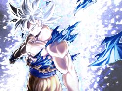 Rule 34 | 1boy, aura, bare pectorals, clenched hands, closed mouth, dougi, dragon ball, dragon ball super, highres, looking at viewer, male focus, mattari illust, muscular, pectorals, grey eyes, silver hair, smile, solo, son goku, spiked hair, standing, torn clothes, ultra instinct