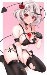 Rule 34 | 1girl, :3, aya02ka, between breasts, black bra, black collar, black gloves, black hair, black panties, black thighhighs, border, bow, box, bra, braid, breasts, closed mouth, collar, commentary request, demon horns, demon tail, ear piercing, earrings, fingerless gloves, garter belt, gloves, grey hair, hair ornament, heart-shaped box, heart pendant, highres, hololive, horn bow, horn ornament, horns, jewelry, large breasts, lingerie, multicolored hair, panties, piercing, plaid, plaid bow, revision, sakamata chloe, short hair, sitting, skindentation, smile, solo, streaked hair, tail, thighhighs, torn clothes, torn thighhighs, underwear, virtual youtuber, wariza, white border, x hair ornament