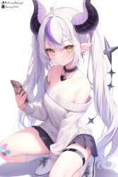 Rule 34 | 1girl, absurdres, alternate costume, bandaid, bandaid on leg, choker, commentary, english commentary, frqz bijutsu, grey hair, highres, hololive, horns, la+ darknesss, multicolored hair, phone, pixiv, pointy ears, purple hair, socks, streaked hair, tail, twintails, virtual youtuber, yellow eyes