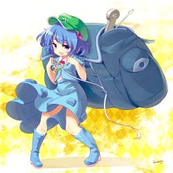 Rule 34 | 1girl, backpack, bag, blue eyes, blue hair, blueberry (5959), female focus, hair bobbles, hair ornament, hat, kawashiro nitori, key, matching hair/eyes, open mouth, short hair, smile, solo, touhou, twintails, two side up