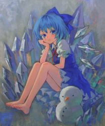 Rule 34 | 1girl, acrylic paint (medium), ama-tou, bare legs, barefoot, blue dress, blue eyes, blue hair, blue skirt, blush, bow, carrot, cirno, crystal, dress, feet, hair bow, hand on own chin, head rest, highres, icicle, matching hair/eyes, painting (medium), short hair, sitting, skirt, snowman, solo, toes, touhou, traditional media, wings
