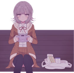 Rule 34 | 1girl, absurdres, bench, black thighhighs, breasts, brown jacket, brown skirt, chi gu, collared shirt, danganronpa (series), danganronpa 3 (anime), dress shirt, feet out of frame, flipped hair, galaga, grey background, hair ornament, handheld game console, highres, holding, holding handheld game console, jacket, large breasts, long sleeves, medium hair, nanami chiaki, neck ribbon, open clothes, open jacket, pink eyes, pleated skirt, red ribbon, ribbon, shirt, shirt tucked in, simple background, sitting, skirt, solo, thighhighs