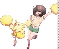 Rule 34 | 1girl, arm up, blush, brown hair, collarbone, commentary request, creatures (company), eyelashes, game freak, gen 7 pokemon, green shorts, imitating, knees, leg up, nintendo, one eye closed, open mouth, oricorio, oricorio (pom-pom), pokemon, pokemon (creature), pokemon sm, pom pom (cheerleading), selene (pokemon), shirt, short shorts, short sleeves, shorts, tied shirt, white background, yellow shirt, zuizi
