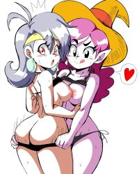 Rule 34 | 2girls, ass, assisted exposure, blush, breasts, butt crack, colored skin, commission, dimples of venus, earrings, hat, headband, highres, jewelry, lewdamone, mighty magiswords, multiple girls, nipples, pink hair, pink skin, pointy ears, purple hair, red eyes, sweat, swimsuit, tongue, topless, vambre warrior, witchy simone, yuri