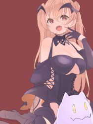 Rule 34 | 1girl, black dress, black gloves, breasts, brown background, brown eyes, demon wings, dress, ghost, gloves, head wings, highres, johnston (kancolle), kantai collection, large breasts, light brown hair, long hair, official alternate costume, satsuki tooka, solo, two side up, wings