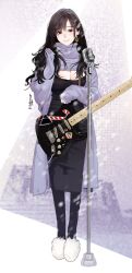 Rule 34 | 1girl, black dress, black eyes, black hair, breasts, cleavage, coat, dress, earrings, electric guitar, fender stratocaster, guitar, highres, hitomi o, instrument, jewelry, large breasts, microphone, original, oversized clothes, pantyhose, purple coat, slippers