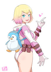 Rule 34 | 1girl, animification, ass, belt, blonde hair, blue eyes, bowieknife, breasts, gradient hair, gwenpool, holding, katana, leotard, looking at viewer, marvel, multicolored hair, pink hair, pink leotard, pouch, short hair, simple background, smile, solo, superhero costume, sword, two-tone hair, weapon, white background