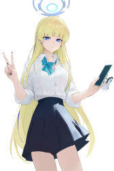 Rule 34 | 1girl, absurdres, aqua bow, aqua bowtie, black skirt, blonde hair, blue archive, blue eyes, blue hair, blue halo, bow, bowtie, collared shirt, cowboy shot, dokshuri, earrings, halo, highres, holding, holding phone, jewelry, long hair, looking at viewer, multicolored hair, parted lips, phone, pleated skirt, school uniform, shirt, shirt tucked in, simple background, skirt, solo, standing, streaked hair, toki (blue archive), v, very long hair, white background, white shirt