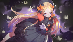 Rule 34 | 1girl, abigail williams (fate), arm at side, black bow, black dress, black hat, blonde hair, blue eyes, blush, bow, bug, butterfly, closed mouth, commentary request, dress, fate/grand order, fate (series), forehead, hair bow, hand up, hat, hugging object, insect, long hair, long sleeves, looking at viewer, orange bow, parted bangs, polka dot, polka dot bow, sleeves past fingers, sleeves past wrists, solo, stuffed animal, stuffed toy, teddy bear, timmy (tztime), very long hair