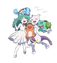 Rule 34 | 1girl, ambertwo (pokemon), ban (ban62460424), blush, bulbasaur, charmander, closed eyes, colored skin, commentary request, creatures (company), dress, flame-tipped tail, game freak, gen 1 pokemon, green hair, hands up, happy, holding hands, knees, legendary pokemon, long sleeves, mewtwo, nintendo, open mouth, pokemon, pokemon: the first movie - mewtwo strikes back, pokemon (anime), pokemon (classic anime), pokemon (creature), shoes, smile, squirtle, tongue, translation request, white background, white dress, white footwear, white skin
