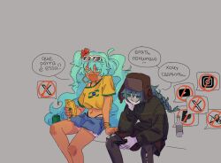 Rule 34 | 2girls, alcohol, alt text, anxxboy, archive of our own, black nails, black pantyhose, blue eyes, blue hair, blue shorts, bottle, brazilian flag, brazilian miku, brown hat, brown sweater, can, commentary, commentary request, cyrillic, cyrillic commentary, dual persona, earrings, english commentary, eyewear on head, green nails, grey background, hat, hatsune miku, holding, holding phone, instagram, jewelry, long hair, midriff, mixed-language commentary, multiple girls, navel, open mouth, pantyhose, paypal, phone, red shorts, shirt, shorts, sitting, smile, spanish text, speech bubble, sunglasses, sweater, tan, tanline, torn clothes, torn pantyhose, translation request, twintails, twitter, vocaloid, worldwide miku, yellow shirt, youtube