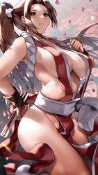 Rule 34 | 1girl, arm guards, bare legs, breasts, brown eyes, brown hair, cleavage, clenched teeth, fatal fury, folded fan, folding fan, hand fan, high ponytail, highres, holding, holding fan, japanese clothes, large breasts, midriff, ninja, no bra, nonohachi, pelvic curtain, ponytail, revealing clothes, rope, sash, shiranui mai, solo, teeth, the king of fighters, thighs, white sash, worried