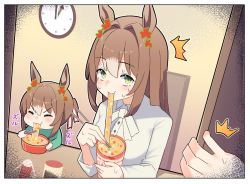 Rule 34 | &gt;:), 2girls, :3, animal ears, border, brown hair, chibi, chopsticks, clock, closed eyes, collared shirt, commentary request, cup ramen, doorway, eating, fine motion (umamusume), fork, green eyes, green shirt, hair between eyes, horse ears, horse girl, kyutai x, long hair, long sleeves, looking at viewer, mother and daughter, multiple girls, notice lines, pov, pov doorway, pov hands, shirt, sitting, sweatdrop, umamusume, v-shaped eyebrows, wall clock, white border, white shirt