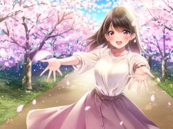 Rule 34 | 1girl, amagi shino, arms up, artist name, belt, blue sky, blush, breasts, brown eyes, brown hair, cherry blossoms, cloud, commentary request, cowboy shot, day, earrings, glint, hanami, jewelry, leaning to the side, looking at viewer, medium breasts, necklace, open mouth, original, outdoors, outstretched arms, petals, pink skirt, sample watermark, shirt, skirt, sky, sleeves past elbows, solo, standing, teeth, tree, upper teeth only, walkway, watch, watermark, white shirt, wind, wind lift, wristwatch