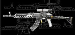 Rule 34 | ak-47, assault rifle, asterozoa, black background, commentary, english commentary, from side, gun, highres, kalashnikov rifle, no humans, original, redesign, rifle, science fiction, scope, solo, soviet, trigger, weapon, weapon focus, weapon focus
