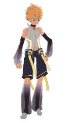 Rule 34 | 1boy, backlighting, bass clef, belt, black shorts, black sleeves, blonde hair, blouse, commentary, d futagosaikyou, detached sleeves, full body, furrowed brow, green eyes, headphones, highres, holding pants, kagamine len, kagamine len (append), leg warmers, male focus, midriff, navel, pendant choker, see-through, see-through legwear, see-through sleeves, shirt, shorts, simple background, sleeveless, sleeveless shirt, solo, spiked hair, standing, turtleneck, vocaloid, vocaloid append, white background, white shirt