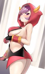Rule 34 | absurdres, ass, blush, breasts, cleavage, courtney (pokemon), courtney (pokemon oras), creatures (company), enishi96, game freak, gloves, highres, hood, horns, large breasts, nintendo, pokemon, pokemon oras, purple eyes, purple hair, short hair, sideboob, sleeveless, sweat, thighs