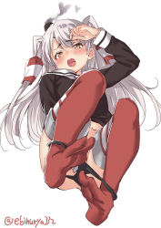 Rule 34 | 1girl, amatsukaze (kancolle), ass, black panties, blush, breasts, brown dress, brown eyes, dress, ebifurya, full body, garter straps, gloves, hair between eyes, hair tubes, hat, highres, kantai collection, long hair, looking at viewer, lying, mini hat, on back, panties, panty pull, red thighhighs, sailor dress, short dress, silver hair, single glove, small breasts, soles, solo, striped clothes, striped thighhighs, thighhighs, twitter username, two side up, underwear, white background