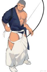 Rule 34 | 1boy, abs, absurdres, bara, bare pectorals, blue kimono, bow (weapon), bulge, buzz cut, dark-skinned male, dark skin, facial hair, feet out of frame, fundoshi, goatee, hadanugi dousa, highres, holding, holding bow (weapon), holding weapon, japanese clothes, kimono, laserbiubiu, long sideburns, male focus, male underwear, mature male, muscular, muscular male, nipples, open kimono, original, pectorals, see-through, short hair, short kimono, sideburns, single bare shoulder, solo, thick thighs, thighs, underwear, very short hair, weapon, wet, wet clothes, wet male underwear, white background, white male underwear