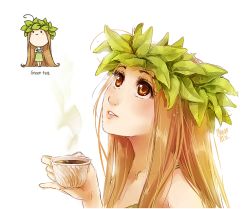 Rule 34 | 1girl, bare arms, blush, brown eyes, brown hair, chibi, cup, dress, drink, food-themed clothes, freckles, green dress, green tea, head wreath, holding, leaf, light brown hair, lips, long hair, looking up, meago, original, parted lips, personification, signature, simple background, sketch, smile, solo, steam, tea, teacup, upper body, very long hair