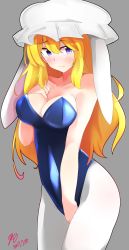 Rule 34 | 1girl, 2017, absurdres, animal ears, bad id, bad pixiv id, blonde hair, blue leotard, breasts, chiru (218mg), cleavage, cowboy shot, dated, grey background, hat, highres, leotard, long hair, looking at viewer, maribel hearn, medium breasts, mob cap, pantyhose, playboy bunny, rabbit ears, signature, simple background, solo, standing, strapless, strapless leotard, touhou, white pantyhose