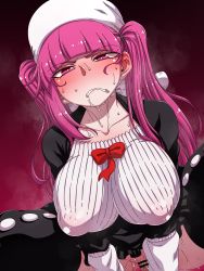 Rule 34 | 1girl, alternate breast size, arm support, ass, bleach, blush, breasts, censored, clenched teeth, dokugamine riruka, girl on top, gradient background, hanya (hanya yashiki), hat, heavy breathing, highres, large breasts, lips, long hair, looking at another, looking at viewer, moaning, no panties, pink eyes, pink hair, pussy, pussy juice, sex, shiny skin, simple background, solo, spread legs, steaming body, sweat, sweatdrop, teeth, tsundere, twintails, upper body, vaginal