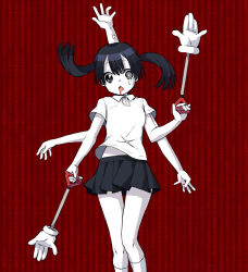 Rule 34 | 1girl, asymmetrical eyes, black hair, black skirt, breasts, collared shirt, colored skin, commentary, dripping eye, extra arms, feet out of frame, gedougawa, gloves, grey eyes, looking at viewer, medium bangs, medium hair, monoko, open mouth, pleated skirt, red background, shirt, short sleeves, single empty eye, skirt, small breasts, socks, solo, twintails, white gloves, white shirt, white skin, white socks, yume nikki
