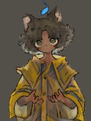 Rule 34 | 1boy, animal, brown eyes, brown hair, cat boy, closed mouth, coat, collared coat, commentary request, dark-skinned male, dark skin, grey background, hands up, highres, long sleeves, looking at viewer, male focus, mouse (animal), notched ear, original, shima (wansyon144), short hair, simple background, solo, upper body, wide sleeves, yellow coat