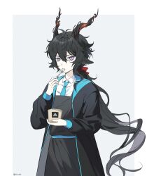 Rule 34 | 1boy, animal ears, apron, arknights, black apron, black coat, black hair, blue necktie, border, bow, coat, collared shirt, cup, eating, ebenholz (arknights), frown, goat boy, goat ears, goat horns, grey background, hair bow, highres, holding, holding cup, holding spoon, horns, long hair, looking at viewer, male focus, necktie, purple eyes, red bow, rhodes island logo (arknights), rio (rio773), shirt, simple background, solo, spoon, twitter username, upper body, utensil in mouth, very long hair, white shirt
