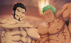 Rule 34 | 2boys, abs, armpit hair, armpits, bara, beard, black hair, blurry, blurry background, cropped, crossed arms, dracule mihawk, earrings, facial hair, green hair, highres, jewelry, kurazon (climb zombie), large pectorals, long sideburns, looking at viewer, male focus, multiple boys, muscular, muscular male, nipples, one piece, pectorals, roronoa zoro, scar, scar across eye, scar on chest, scar on face, short hair, sideburns