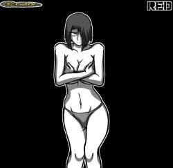 Rule 34 | bete noire, betty noire, black eyes, black hair, breasts, covering breasts, covering privates, glitchtale, legs, no bra, noncolor, panties, scared, short hair, underwear