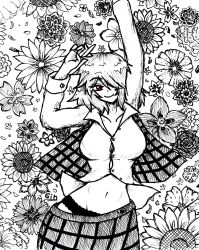 Rule 34 | 1girl, absurdres, breasts, cleavage, closed mouth, collarbone, flower, gin ichimaru72, highres, kazami yuuka, long sleeves, looking at viewer, lying, midriff, monochrome, navel, on back, partially unbuttoned, plaid, plaid skirt, plaid vest, red eyes, short hair, skirt, skirt set, smile, stomach, sunflower, touhou, underwear, vest