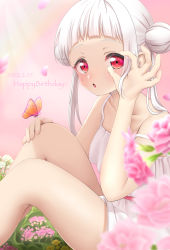 Rule 34 | 1girl, :o, absurdres, arashi chisato, artist name, artist request, bare legs, bare shoulders, blush, breasts, bug, butterfly, butterfly on hand, close-up, collarbone, double bun, dress, female focus, flower, hair bun, hair ribbon, hand on own knee, highres, insect, knees up, legs up, long hair, looking at viewer, love live!, love live! school idol festival, love live! superstar!!, miniskirt, nail, nail polish, ok sign, ok sign over eye, orange butterfly, parted lips, petals, pink background, pink flower, pink nails, pink petals, plaid, plaid dress, plaid skirt, pleated, pleated dress, pleated skirt, red eyes, ribbon, ringing (love live!), skirt, sleeveless, sleeveless dress, small breasts, smile, solo, sundress, twintails, white dress, white hair, white skirt