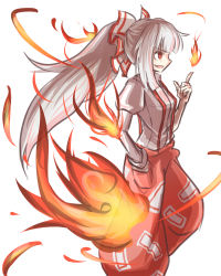 Rule 34 | 1girl, absurdres, fire, fujiwara no mokou, grin, highres, looking to the side, no pupils, peroponesosu., pointing, red eyes, smile, solo, touhou, white background