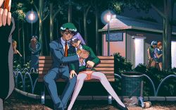 Rule 34 | 1990s (style), 2 shot diary 2, 3boys, 4girls, bench, game cg, kaori (2 shot diary 2), lamppost, may-be soft, multiple boys, multiple girls, night, park, park bench, pc98, public indecency, retro artstyle, sitting, tagme, trash can, tree
