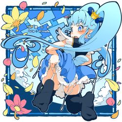 Rule 34 | 10s, 1girl, ao yasai, black thighhighs, blue eyes, blue hair, character name, commentary request, crown, cure princess, earrings, flower, from behind, happinesscharge precure!, jewelry, kneeling, long hair, looking at viewer, magical girl, matching hair/eyes, panties, petals, precure, shirayuki hime, solo, thighhighs, twintails, underwear