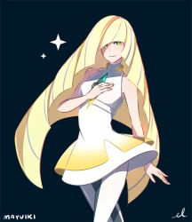 Rule 34 | 10s, 1girl, bare shoulders, blonde hair, creatures (company), diamond (gemstone), dress, ebbilin, game freak, green eyes, hair over one eye, hand on own chest, long hair, looking at viewer, lusamine (pokemon), nintendo, pantyhose, pokemon, pokemon sm, smile, solo, sparkle, very long hair, white pantyhose