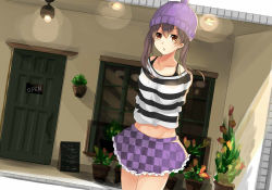 Rule 34 | 1girl, akira (mr akira), alternate costume, arms behind back, beanie, bra strap, brown eyes, brown hair, cafe, casual, checkered clothes, checkered skirt, contemporary, dutch angle, flower pot, frilled skirt, frills, hat, himekaidou hatate, menu board, midriff, open sign, outdoors, shirt, skirt, solo, standing, striped clothes, striped shirt, touhou, twintails, unmoving pattern