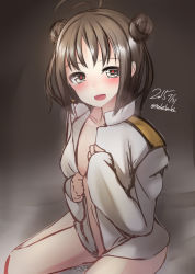 Rule 34 | 10s, 1girl, 2015, ahoge, bad id, bad pixiv id, blush, breasts, brown background, brown hair, dated, heart, heart-shaped pupils, kantai collection, naka (kancolle), nekobaka, partially undressed, sitting, smile, solo, symbol-shaped pupils, twitter username, wariza