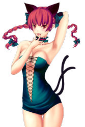 Rule 34 | 1girl, absurdres, alternate costume, animal ears, arm behind head, arm up, armpits, bad id, bad pixiv id, bare shoulders, blush, bow, braid, breasts, cat ears, cat girl, cat tail, choker, cleavage, dress, extra ears, female focus, green dress, green skirt, hair bow, highres, kaenbyou rin, long hair, looking at viewer, midriff, multiple tails, navel, nekomata, pointy ears, red eyes, red hair, revealing clothes, ribbon choker, simple background, skirt, sleeveless, sleeveless dress, solo, tail, tongue, tongue out, touhou, twin braids, untue