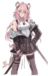 Rule 34 | 1girl, animal ears, arknights, armor, barcode, barcode tattoo, bare shoulders, black jacket, black thighhighs, breasts, cropped legs, dated, feet out of frame, gravel (arknights), holding, holding sword, holding weapon, jacket, long hair, looking at viewer, mouse ears, mouse girl, mouse tail, off shoulder, oisyox72, open clothes, open jacket, orange eyes, pink hair, shoulder tattoo, simple background, small breasts, smile, solo, sword, tail, tattoo, thighhighs, weapon, white background