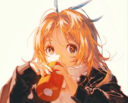Rule 34 | 1girl, aqua nails, arknights, black jacket, blonde hair, drinking, feather hair, hands up, highres, jacket, long hair, long sleeves, looking at viewer, mole, mole under eye, nail polish, open clothes, open jacket, orange hair, orange nails, pinecone (arknights), sheya tin, shirt, simple background, solo, upper body, white shirt