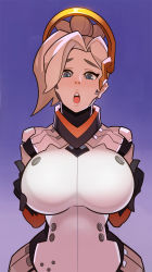 Rule 34 | 1girl, alternate breast size, blonde hair, bodysuit, breast lift, breasts, gloves, halo, high ponytail, highres, huge breasts, lips, long hair, looking at viewer, mechanical halo, mercy (overwatch), overwatch, overwatch 1, ponytail, solo, splashbrush