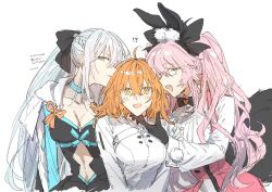 Rule 34 | !?, 3girls, ahoge, animal ear fluff, animal ears, arm around shoulder, arm at side, black bow, black bowtie, black dress, black gloves, blue choker, blue eyes, blue nails, blush, bow, bowtie, braid, choker, clothing cutout, commentary request, dated, dress, fang, fate/grand order, fate (series), fox tail, french braid, fujimaru ritsuka (female), fujimaru ritsuka (female) (decisive battle chaldea uniform), girl sandwich, glasses, gloves, grey hair, hair between eyes, hair bow, hand on another&#039;s chin, hand on another&#039;s shoulder, highres, koyanskaya (assassin) (second ascension) (fate), koyanskaya (fate), long hair, long sleeves, looking at viewer, medium hair, morgan le fay (fate), multiple girls, nail polish, open mouth, orange hair, parted lips, pink corset, pink hair, ponytail, rabbit ears, sandwiched, shirt, sidelocks, simple background, stomach cutout, sweat, tail, tamamo (fate), traditional bowtie, translation request, twintails, v arms, very long hair, white-framed eyewear, white background, white shirt, yellow eyes, yuri, yuta kbut