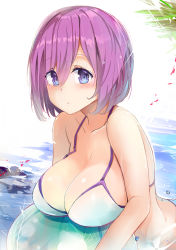 Rule 34 | 1girl, alternate costume, bikini, breasts, cleavage, day, eyes visible through hair, fate/grand order, fate (series), hair over one eye, highres, large breasts, looking at viewer, mash kyrielight, purple eyes, purple hair, short hair, solo, swimsuit, water drop, white bikini, xiaodi