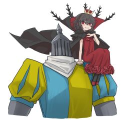 Rule 34 | 1girl, 1other, black cape, black hair, black souls, cape, crown, dress, flat chest, fur-trimmed cape, fur trim, hand on own chest, helm, helmet, highres, knight, looking at viewer, lorina (black souls), mini crown, parted lips, rabbit king, red dress, short hair, simple background, sitting, sitting on shoulder, sleeveless, sleeveless dress, smile, white background
