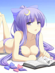 Rule 34 | 1girl, alternate hairstyle, bad id, bad pixiv id, bare shoulders, barefoot, bikini, book, bow, breasts, cleavage, crescent, crescent hair ornament, female focus, hair bow, hair ornament, highres, izumi sai, large breasts, long hair, looking at viewer, lying, on stomach, open mouth, patchouli knowledge, pink bow, ponytail, purple eyes, purple hair, side-tie bikini bottom, solo, striped bikini, striped clothes, swimsuit, touhou