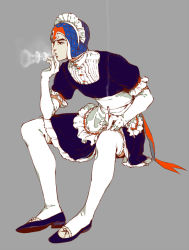 Rule 34 | 1boy, alternate costume, apron, bad id, bad pixiv id, black eyes, changye, cigarette, crossdressing, elbow gloves, enmaided, gloves, guido mista, hat, invisible chair, jojo no kimyou na bouken, maid, maid headdress, male focus, sitting, smoking, solo, thighhighs, vento aureo, waist apron, white gloves, white thighhighs